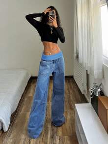StreetHx Quần jeans nữ ống rộng dáng suông, cạp gập có túi, kiểu dáng thường ngày. - Màu xanh lam - Xem 6