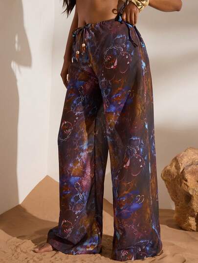 Opulessa Women's Beach Vacation Casual Printed Coverup & Pants Set, Spring To Summer, Valentine's Day,  Carnival Costume, Elegant Outfits For Party, Beach Outfit, Summer Vacation Outfits, Casual Outfits,Summer,Summer Clothes,Summer Holiday Outfits,Carnival,Party,Beach,Elegant ,Vacation,Casual,Formal,Graphic,Flower,Leopard