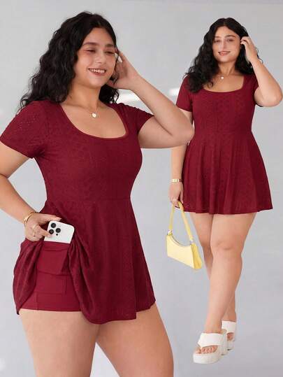 Solflare Plus Size Wine Red Casual Short Sleeve Jumpsuit, Everyday Wear, Spring/Summer