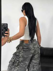 POPSWAY 大码女式朋克风紧身胸衣金属装饰荷叶边吊带背心，外套上衣，可爱女式上衣，Y2K风格上衣，裹身式上衣 - 白色 - 查看 2