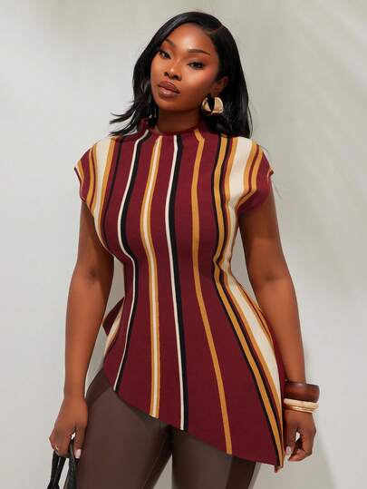 Radiana Plus Size Women Spring/Summer Fashion Casual High-End Elegant Striped Stand Collar Waist Cinched Asymmetric Hem Knit Stretchy Top