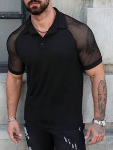 Manfinity AFTRDRK 男士夏季镂空拼接插肩短袖黑色Polo衫 男士短袖衬衫 渔网衬衫 男士透视上衣 男士网眼衬衫 男士黑色性感Polo衫 - 黑色 - 查看 7