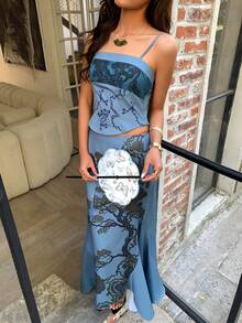 EastFlair Women's Blue Branch Print Camisole And Skirt 2 Pieces Set, Summer - Dusty Blue - View 7