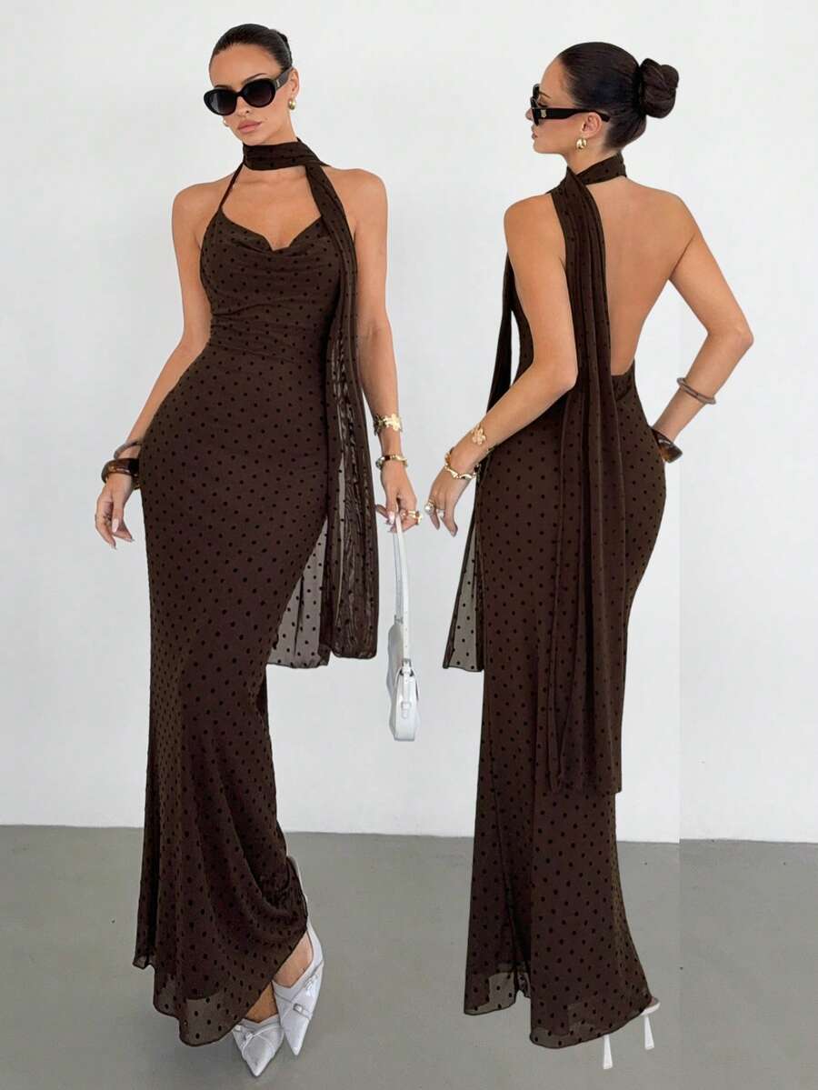 Siren Gaze Women's Flocked Mesh Polka Dot Spaghetti Strap Swing Dress - Chocolate Brown - View 1