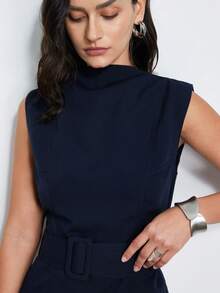 Aveloria Modichic New Elegant Commuter Style Mini Dress With Belt Decor - Navy Blue - View 5