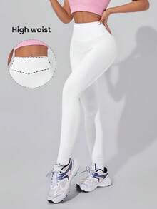 SHEIN Cheerettes 女士纯色高腰休闲健身紧身裤瑜伽裤 - 白色 - 查看 2
