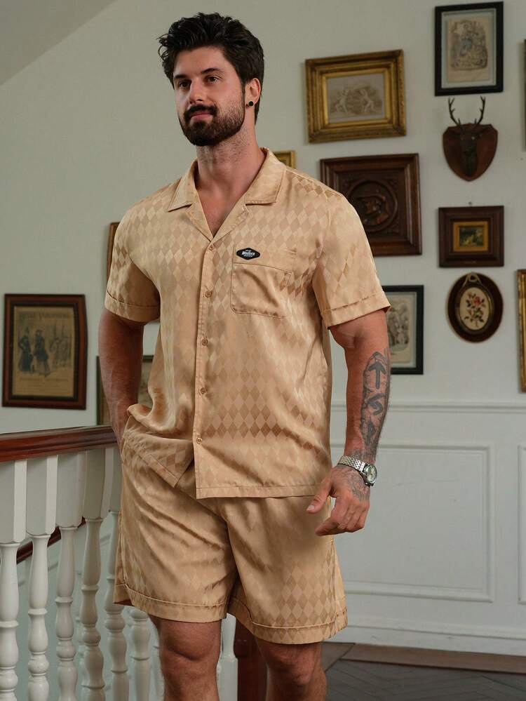 Summer Textured Fabric Gold Logo Short Sleeve Shirt & Shorts Men's Pajama Set
