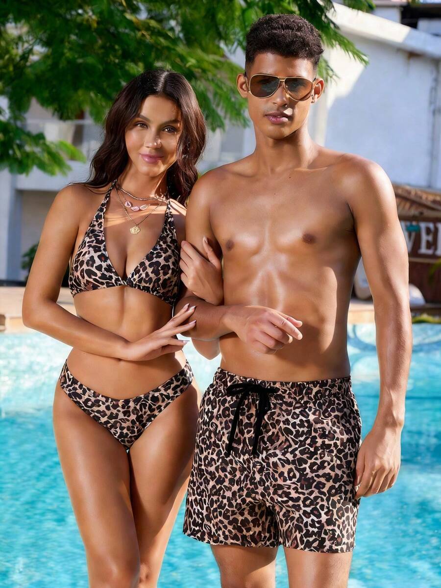 Manfinity VDAYZ Men's Leopard Print Casual Beach Shorts - Coffee Brown - View 1