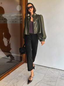 Aidyla Women's PU Leather Long Sleeve Casual With Buttons, Fashion For Autumn/Winter Pairing With Regular Jacket - Army Green - View 5