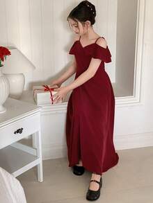DAZY Tween Girl Solid Color Ruffle Trim Off-Shoulder Fashionable Dress Summer - Burgundy - View 2