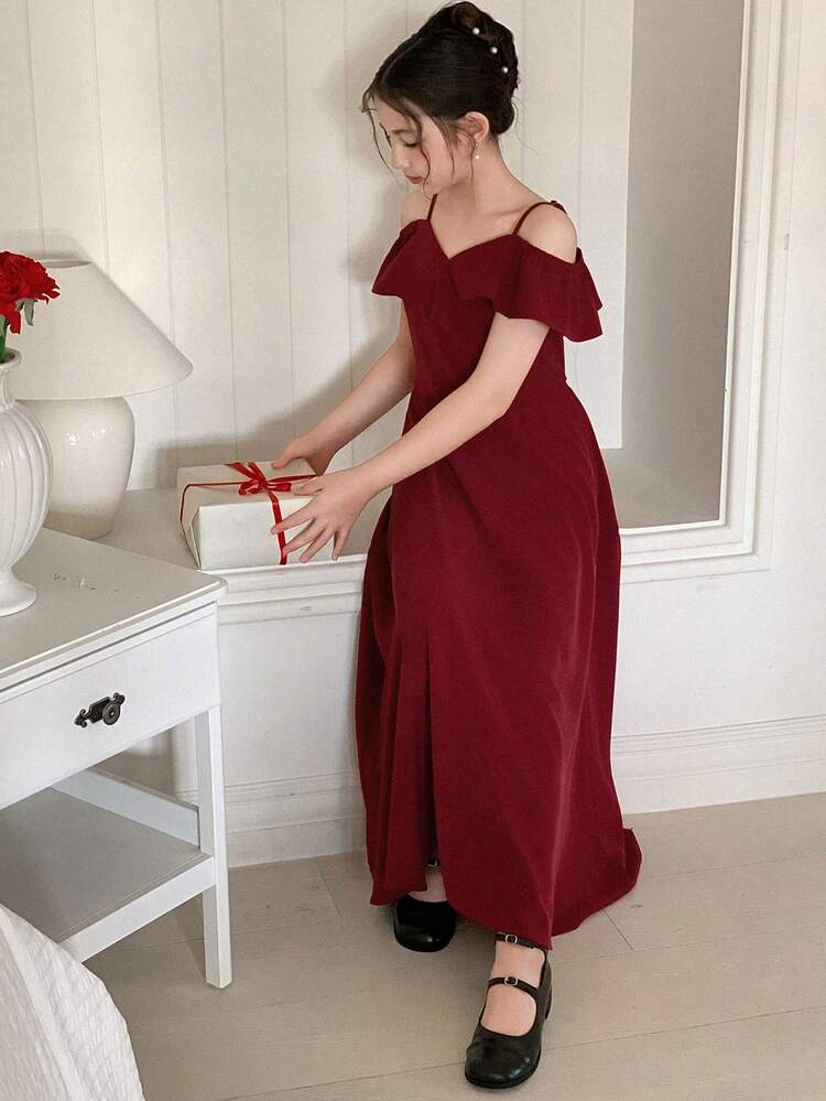 Tween Girl Solid Color Ruffle Trim Off-Shoulder Fashionable Dress Summer