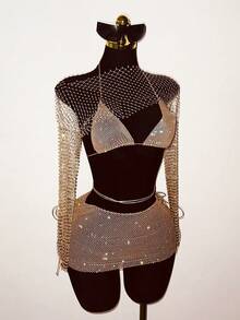 SHEIN DivaQ Women's Fashion Sexy Rhinestone Halter Top And Mini Skirt With Long Sleeve Top Party Outfit Set - Champagne - View 5