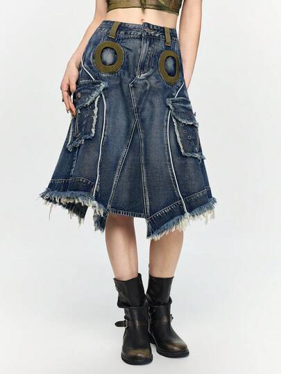 ROMWE Avant 女士复古Y2K美学A字牛仔裙，带工装口袋