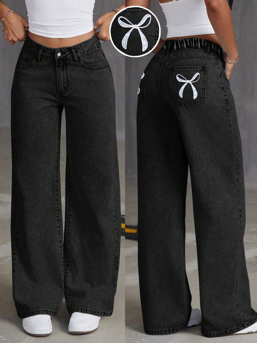 少女Y2K休闲浅色水洗刺绣高腰牛仔裤，饰有蝴蝶结刺绣设计，适合万圣节、秋季、圣诞节等场合，也适合秋冬季返校季穿着，兼具街头复古风，舒适百搭，适合8-12岁女孩，可用于学校、居家和旅行等各种场合。 - 黑色 - 查看 1