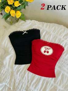 SHEIN MOD 2件装女士蕾丝边蝴蝶结装饰抹胸上衣，适合派对、休闲、乡村音乐会、夏季、情人节、外出、Y2K风格、度假等场合，图案T恤，红黑配色，完美适用于度假、约会、野餐、派对、舞会、节日和生日等场合，抹胸上衣 - 紅色和黑色 - 查看 3