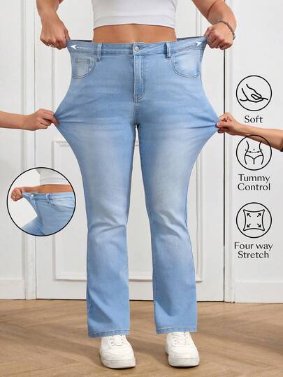 SHEIN Tall CURVE Spring To Summer Plus Size Women Casual Versatile Flared Jeans With Pockets