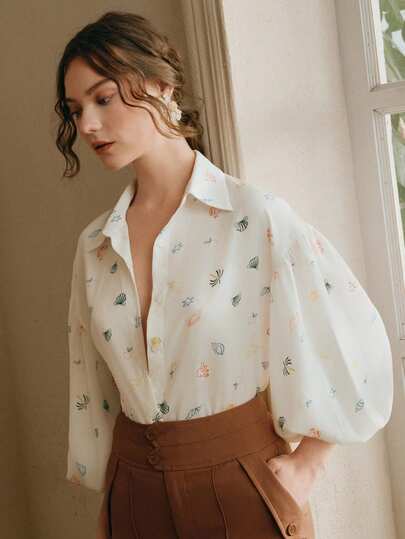 Anewsta Women's Turndown Collar Lantern Sleeve Ocean Element Vacation Elegant Blouse