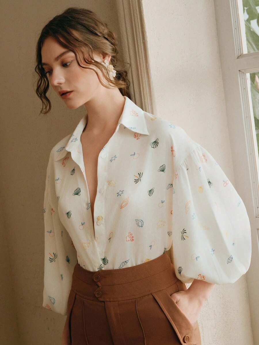 Anewsta 女士翻领灯笼袖海洋元素度假优雅衬衫 - 白色 - 查看 1