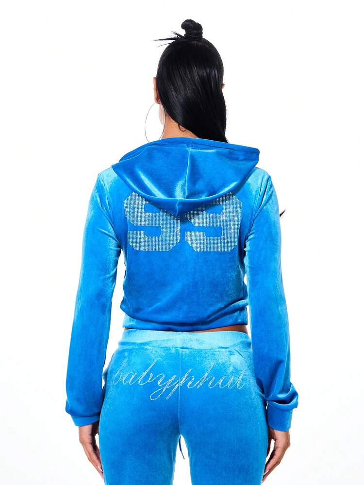 BABYPHAT 크롭 벨벳 후드티 라인스톤 풀 지퍼 블루 럭셔리 소프트 드로스트링 패션 편안한 캐주얼 겨울 가을 봄 스타일