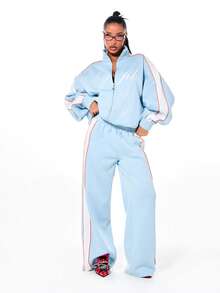 BABYPHAT Side Stripe Detail Sweatpants With Elastic Waistband And Relaxed Wide Leg Casual Comfort Tracksuit Bottoms Loungewear - Baby Blue - View 5