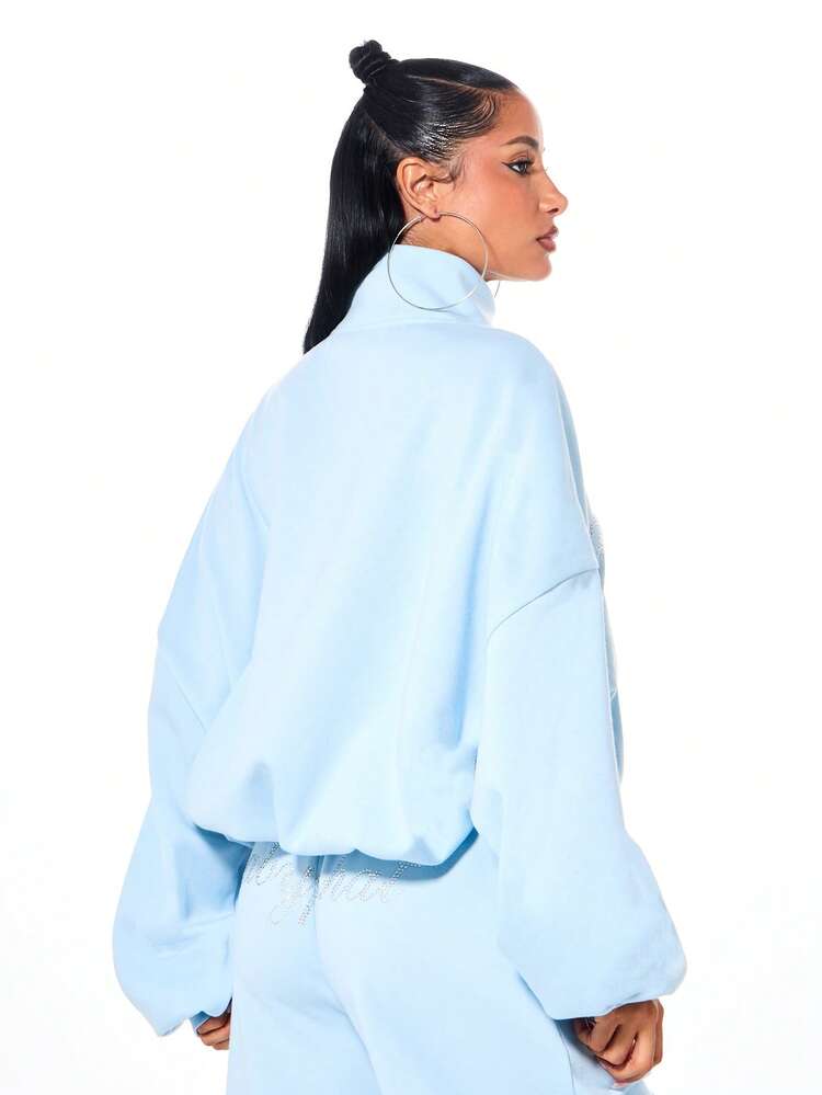 BABYPHAT Oversized Funnel Neck Full Zip Sweatshirt With Rhinestone Crystal Embellishments Long Sleeve Casual Comfort Winter Streetwear