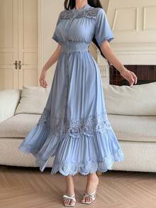 DAZY 女士优雅蕾丝拼接立领中长连衣裙，夏季婚礼宾客礼服 - 藍色 - 查看 5