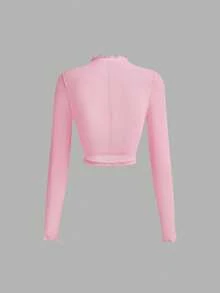 SHEIN MOD 3件套女士纯色荷叶边领长袖休闲上衣，春夏款，网纱透视上衣，西部风，复古风，70年代风，适合海滩度假、假日、日常休闲穿着，Y2K风格，时尚百搭，生日派对、夜店、约会等场合皆宜。 - 彩色 - 查看 4