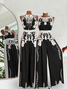 SHEIN Clasi 女士优雅露背连体裤，宽松版型，撞色印花 - 黑色 - 查看 1