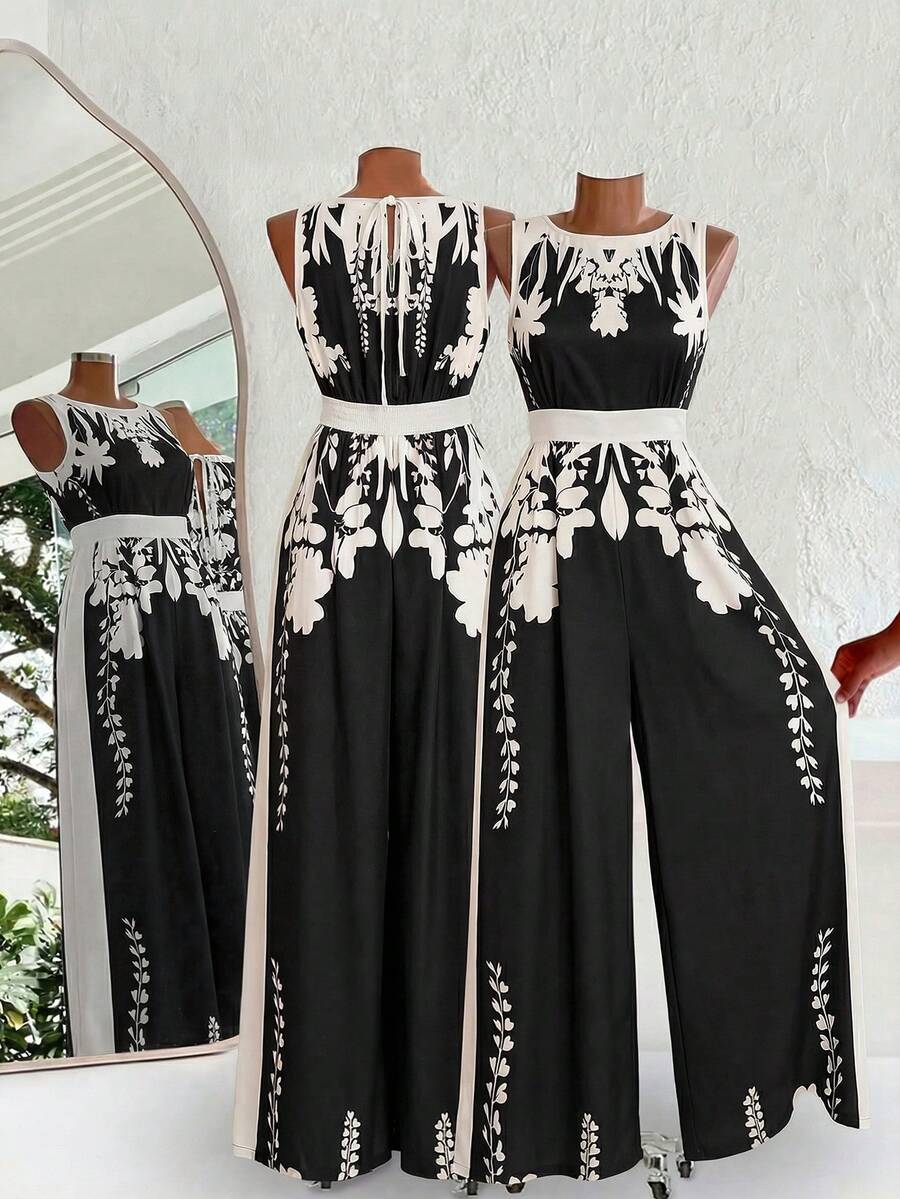 SHEIN Clasi 女士优雅露背连体裤，宽松版型，撞色印花 - 黑色 - 查看 1