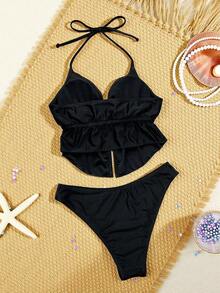 Swim SXY Solid Color Spaghetti Strap Backless Tie Front Seashell Chain Trim Sexy Cute Girl Beach Bikini Set, Women 2-Piece Swimwear - Black - View 2