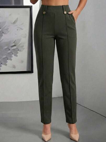 Pantalón semi-entubado para mujer, clásico, casual y elegante, tela de algodón y poliéster, apto para cualquier temporada. Colores lisos sin estampados. Ajuste de cintura natural con resorte ligero y cordón para mejor ajuste. Botones decorativos en la cintura. Bolsillos funcionales. Fresco, ligero y cómodo.