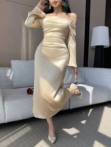 DAZY Women's Elegant Solid Light Yellow Open Shoulder Pleated Asymmetric Midi Dress, Spring/Summer Wedding Guest Dress Sundress Off The Shoulder - Light Yellow - View 6