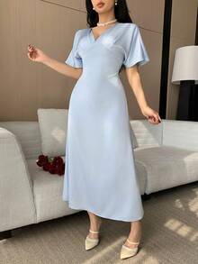 DAZY Women's Elegant Solid Color V-Neck Mid-Length Dress, Summer Wedding Guest Dress Sundress - Blue - View 8