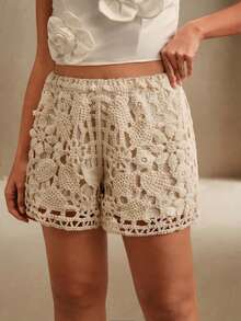 Anewsta Plus Size Casual Solid Color Hollow Out Knit Shorts - Apricot - View 2