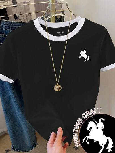 Franclia 加大码夏季休闲骑士刺绣撞色滚边圆领短袖T恤