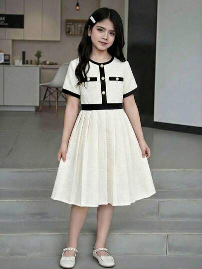 Elladie kids 1件少女夏季新款撞色腰部半开领褶裥下摆圆领短袖简约百搭甜美度假日常优雅连衣裙