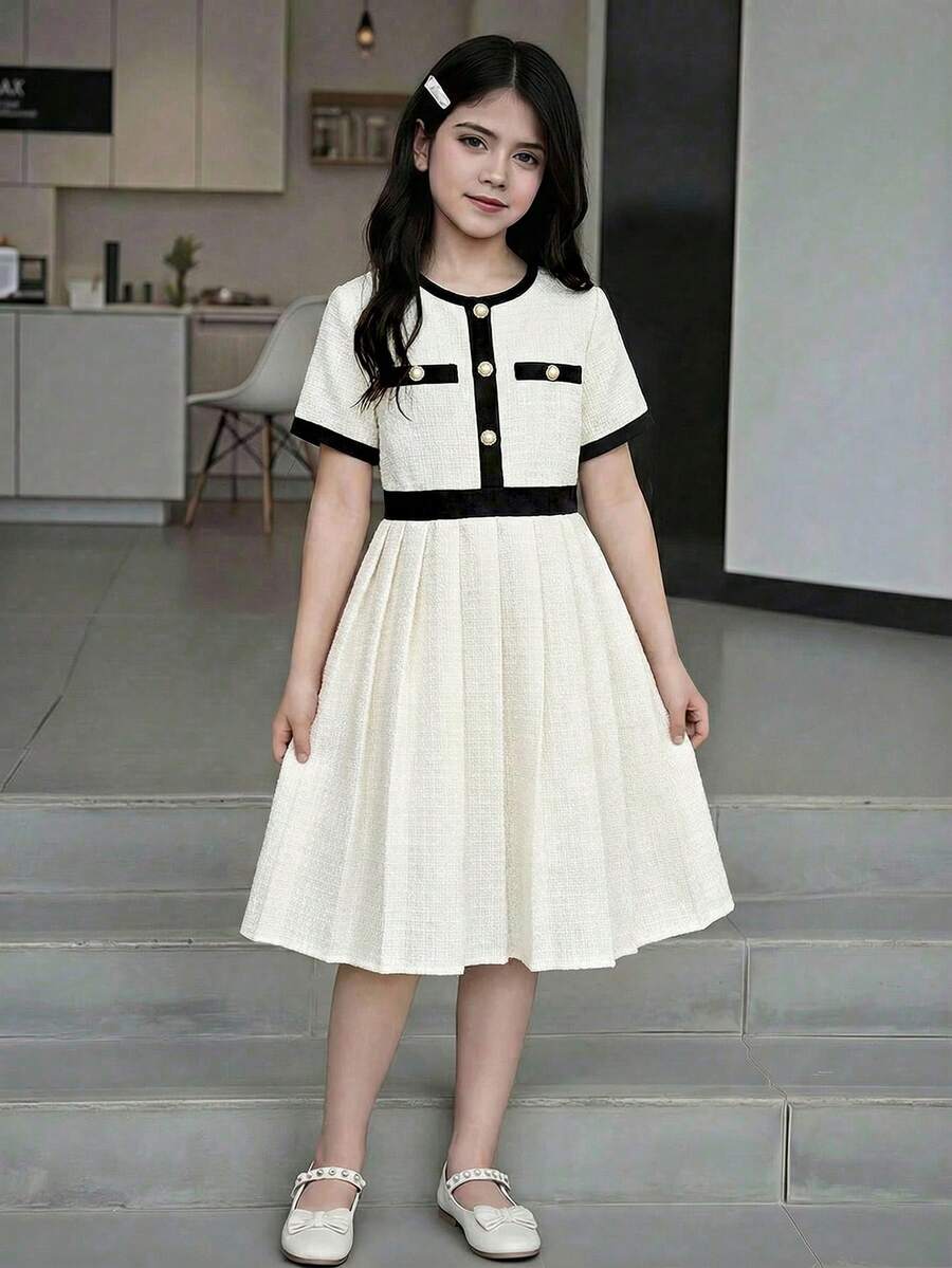 Elladie kids 1件少女夏季新款撞色腰部半开领褶裥下摆圆领短袖简约百搭甜美度假日常优雅连衣裙 - 白色 - 查看 1