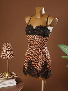 SHEIN Váy ngủ hai dây lưới tương phản họa tiết ren họa tiết da báo gợi cảm dành cho nữ - Nhiều màu - Xem 6