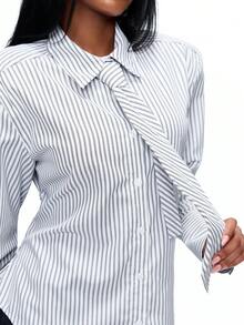 TypaGal 女士撞色条纹长袖衬衫 - 黑與白 - 查看 3