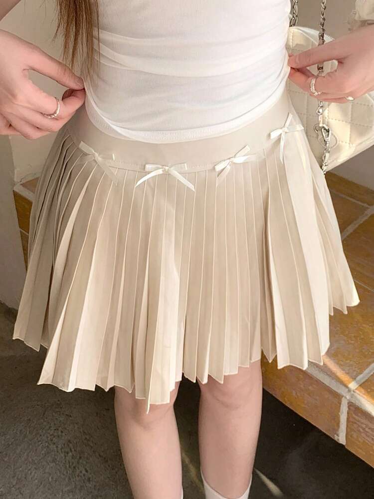 Bow Decor Pleated A-Line Mini Skirt, Ballerina Style, Sweet High Waist