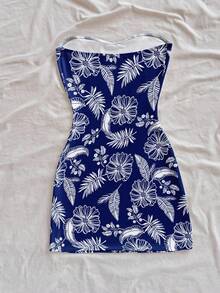 Soleia 女士夏季印花抹胸迷你连衣裙，度假必备 - 藍色 - 查看 2