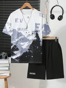 Vacaura 2 pièces Ensemble de t-shirt à manches courtes avec imprimé montagne aquarelle dégradé tie-dye gris, blanc et noir et short noir pour garçons adolescents, adapté pour le port décontracté d'été en extérieur - Noir - Voir 5