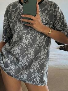 DAZY Women's Casual Contrast Lace Round Neck Short Sleeve T-Shirt, Summer - Black - View 6