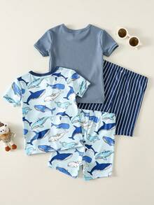 SHEIN 4件套男婴可爱夏季针织海洋卡通图案连体睡衣套装，基础款多件套家居服套装 - 彩色 - 查看 2