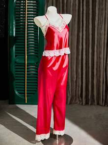 SHEIN 两件套女士性感V领吊带背心和长裤睡衣套装，刺绣蕾丝边，红色，情人节礼物，四季皆宜 - 紅色 - 查看 7