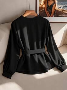 GlowEve CURVE Áo sơ mi cổ tròn kiểu Pháp cổ điển, thanh lịch, giản dị, có nơ thắt trang trí. - màu đen - Xem 2