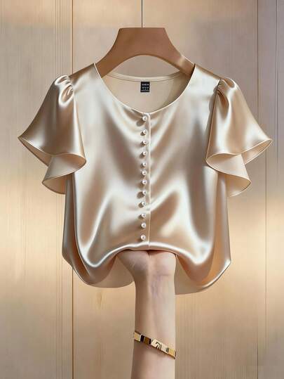 Franclia Summer New Vintage Satin Ruffle V-Neck Design Blouse, Fashionable Commuter Elegant Women Shirt