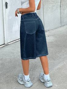 EURMUSE WOMEN LOW WAIST LONG STRAIGHT WAIST SHORT DARK BLUE WASH - Medium Wash - View 2