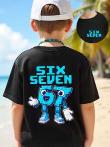 Young Boys' Casual Creative Personalized Refreshing Cute Simple Numeric 67 Cartoon Block Graphic Letter Slogan Print Comfortable Basic Short Sleeve T-Shirt, Suitable For Spring, Summer And Autumn - Black - View 3