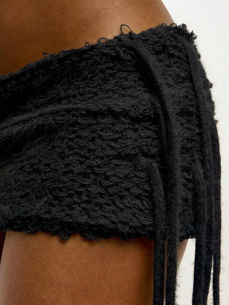 SUMWON Plus Size Textured Knit Mini Skirt With Side Fringe Detail Black Bodycon Sweater Skirt